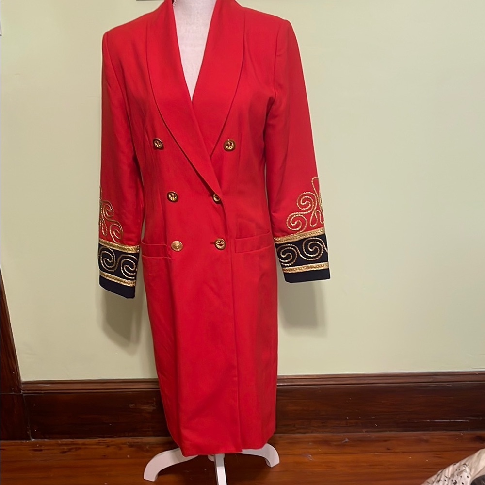 Vintage long cherry red coat with “gold” buttons